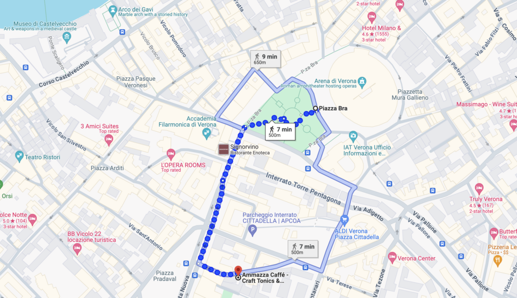 screenshot of google maps showing a 7 minute walk from Ammazza Caffé to Piazza Bro