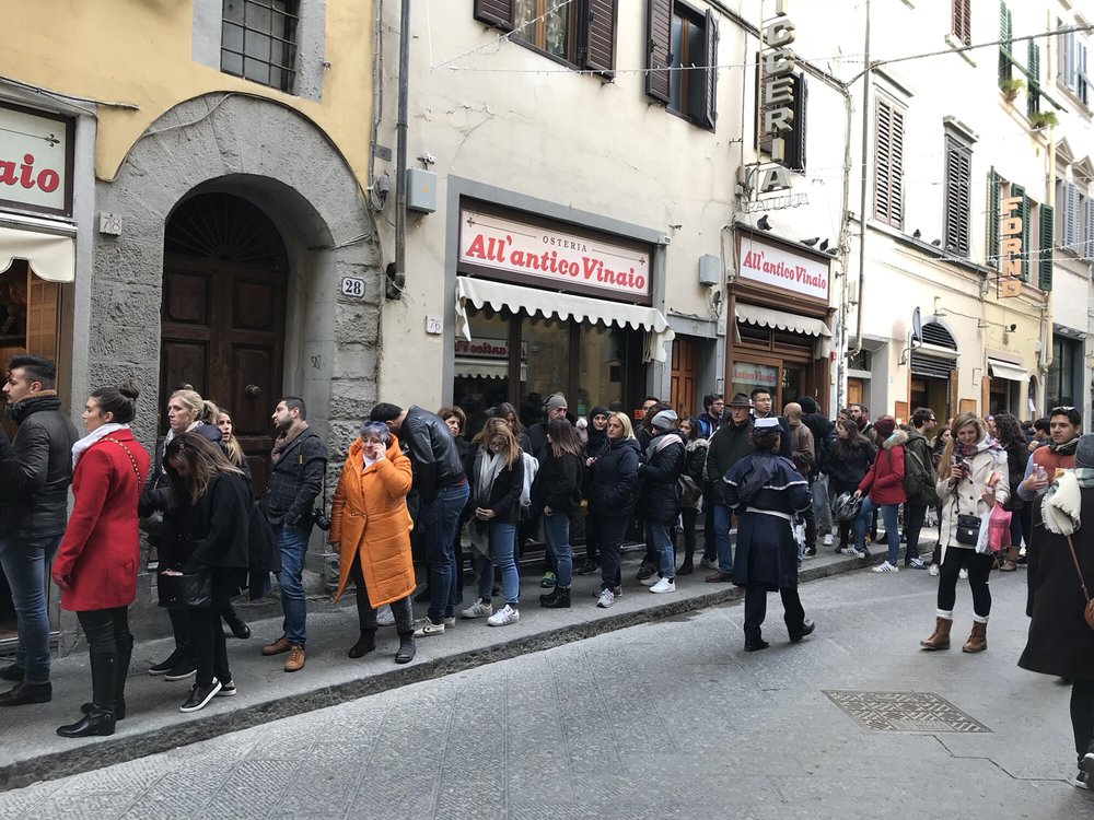 A line around the block at the famous All'Antico Vinaio sandwich shop from Florence, Italy.